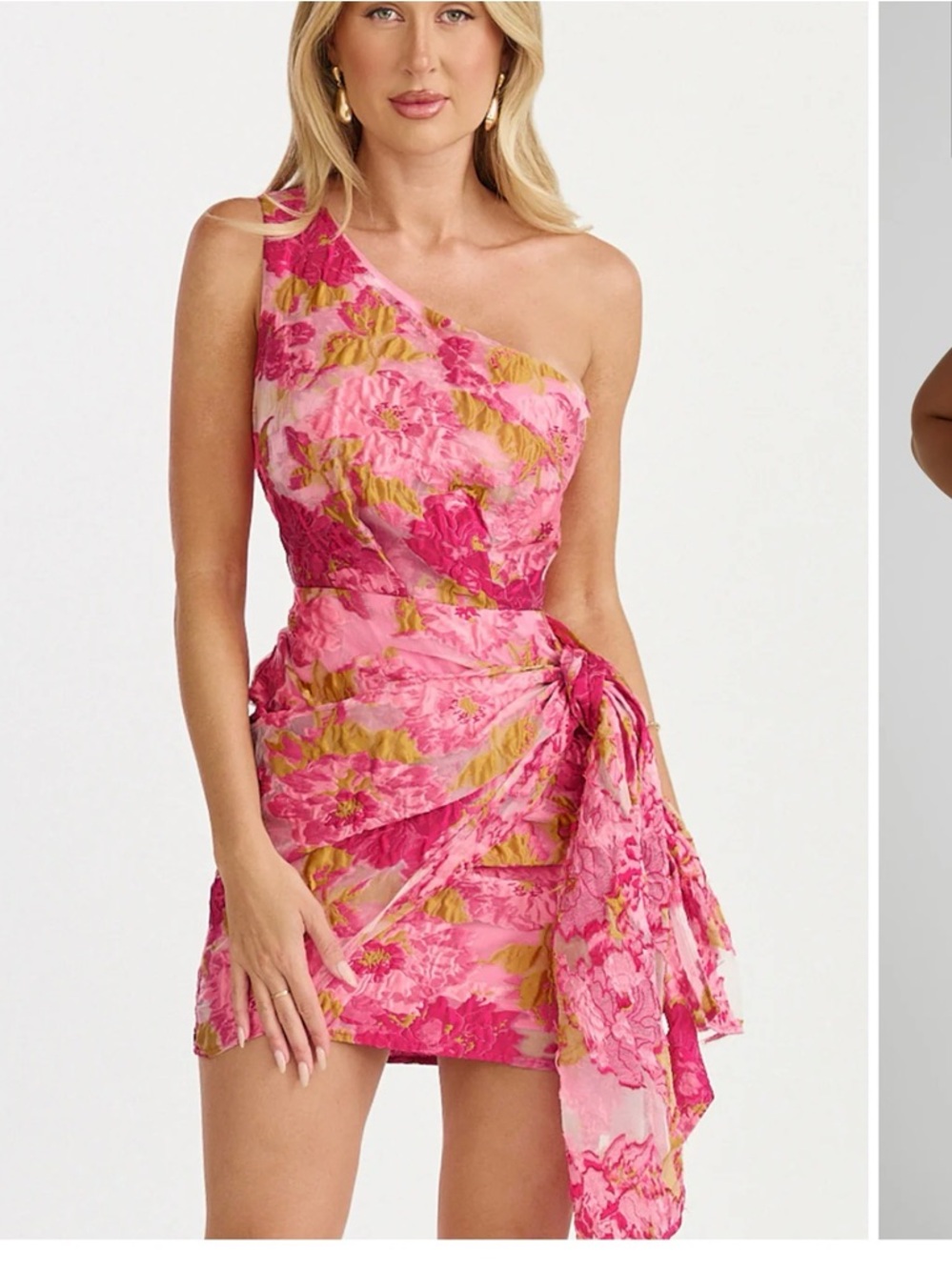 Showpo Pink and Gold One-Shoulder Floral Mini Dress